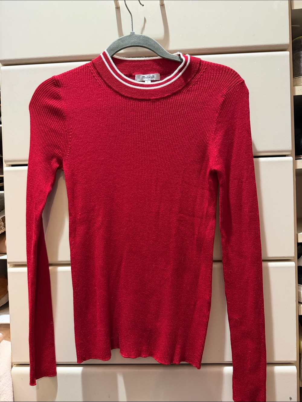 Madewell Red Long-Sleeve Ribbed Knit Sweater with Contrast Neck